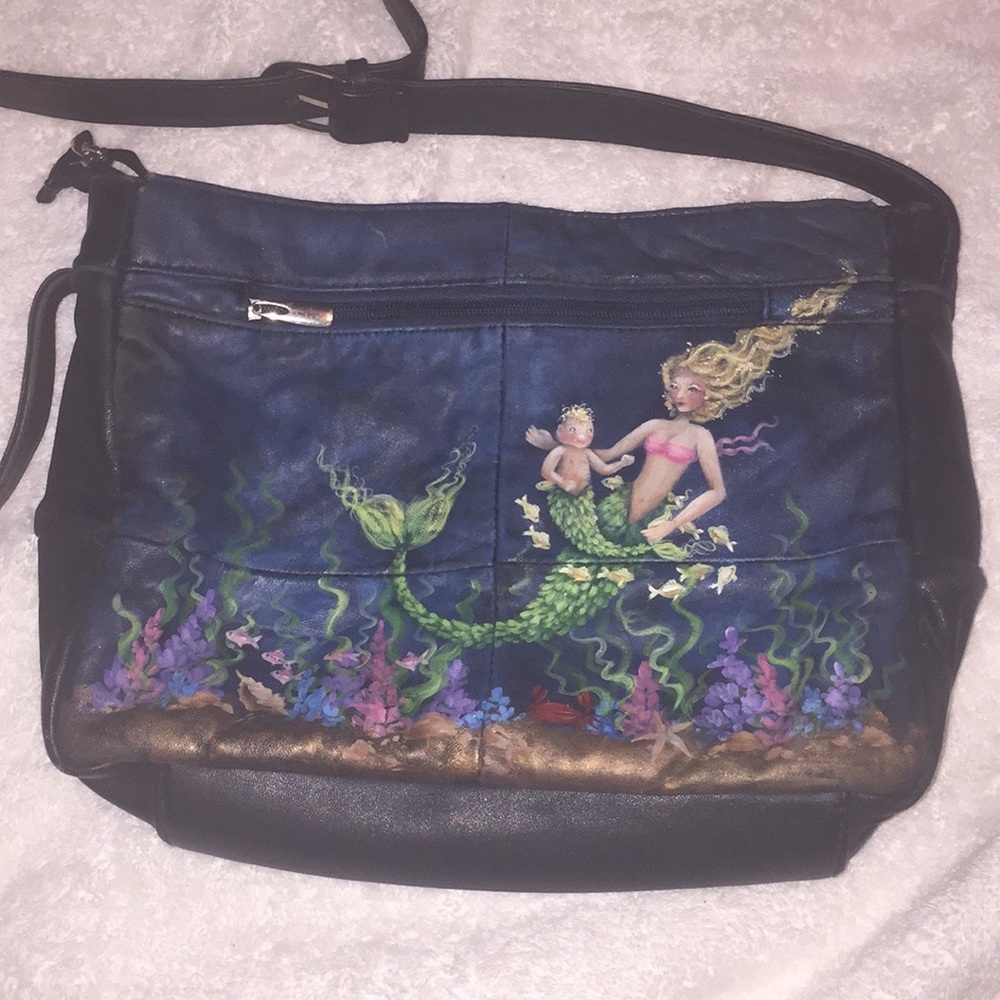 Hand painted mermaid black leather cross body